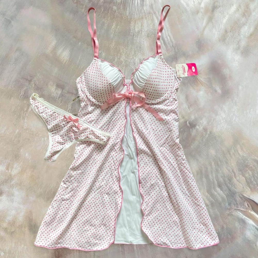 Mandy White Pink Polka Dot Coquette Deadstock Lingerie Set Babydoll Thong L